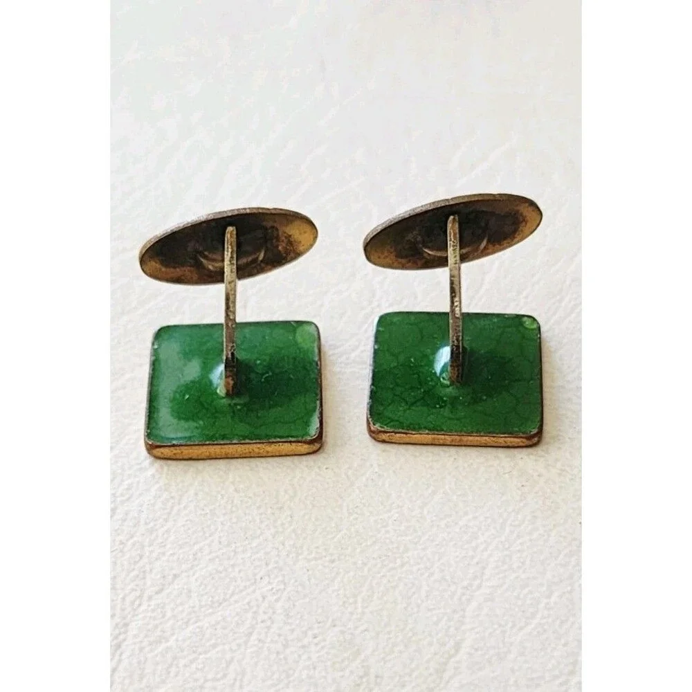 MCM Cufflinks Enamel Copper Artisan Modernist Abstract Green .75